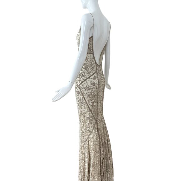 LES HABITUDES 90's couture silk hand beaded evening gown bridal wedding maxi - Picture 7 of 8